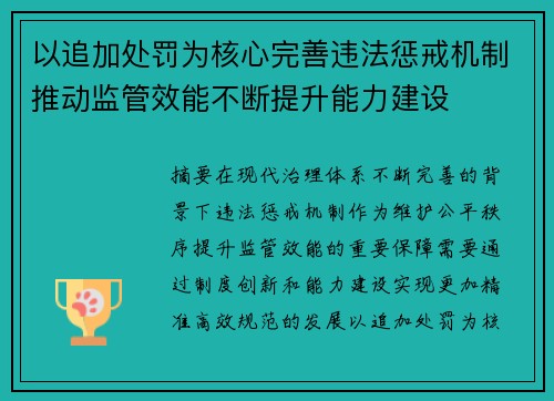 以追加处罚为核心完善违法惩戒机制推动监管效能不断提升能力建设